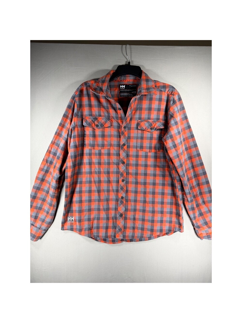 Helly Hansen Workwear Mens Large Flannel Shirt Orange Grey Plaid L/S Button Up